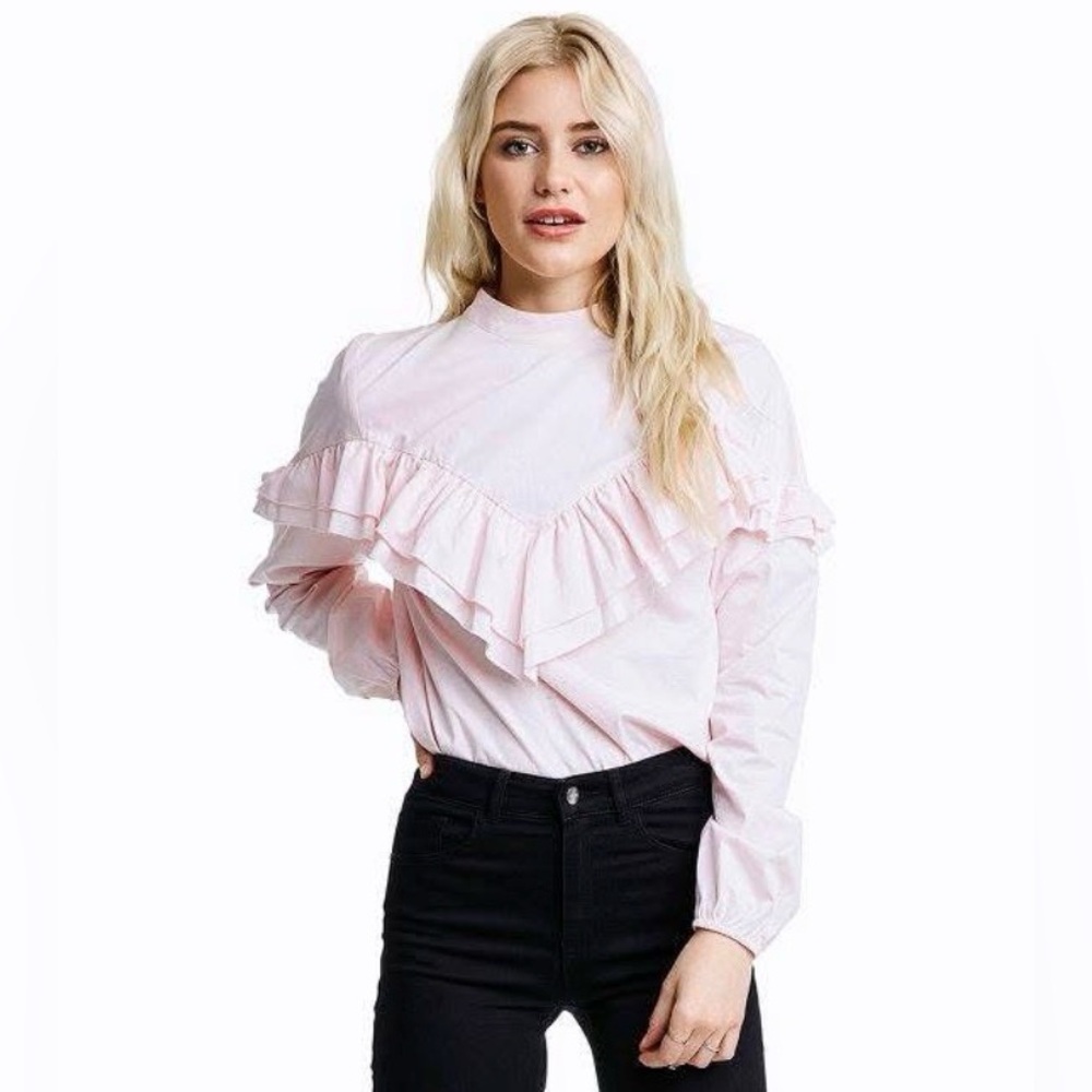 Women’s Ruffled Long Sleeve 100% Cotton Blouse Size M